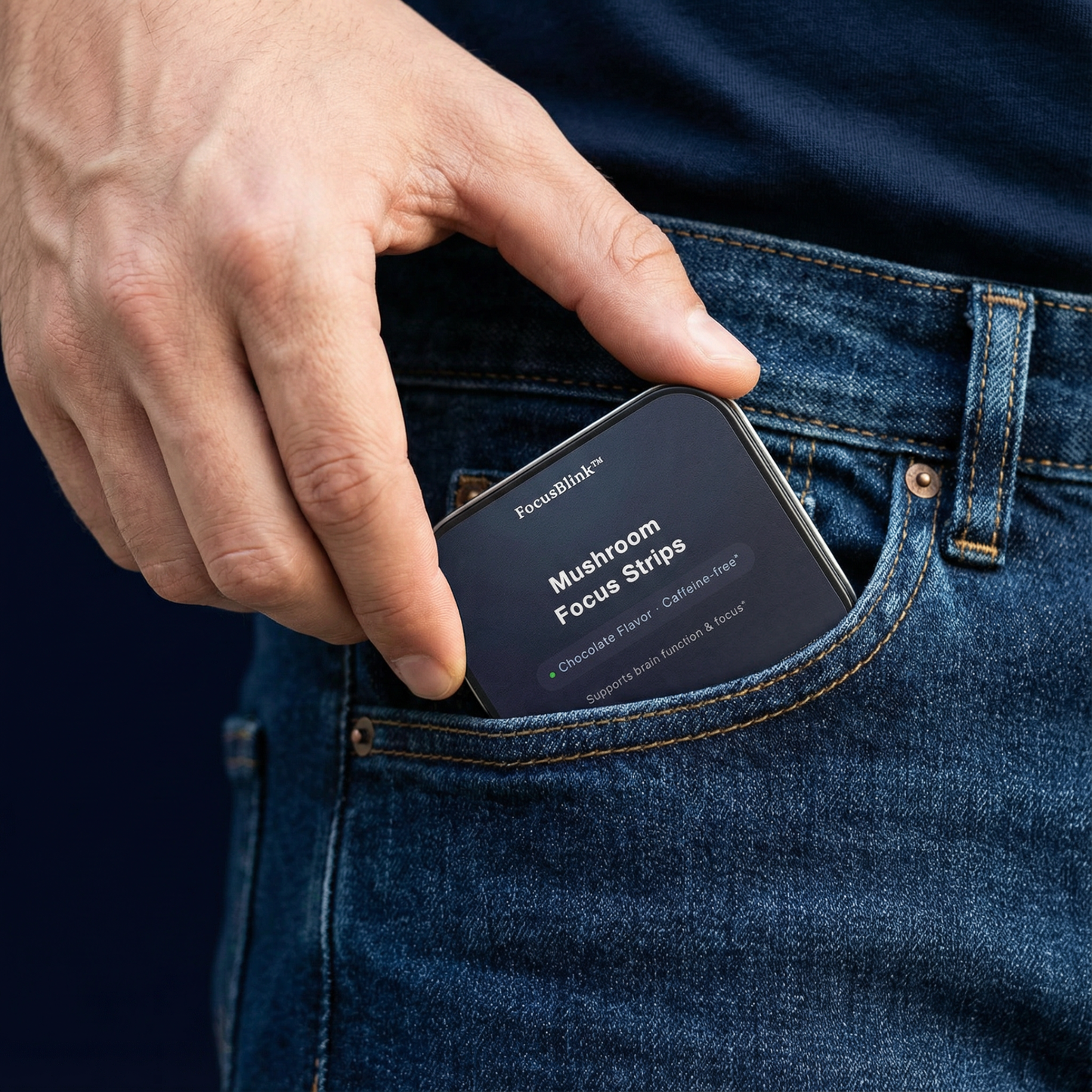 Hand placing a Mushroom Focus Strips device into a pocket